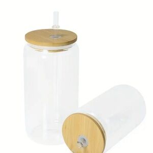 16oz frosted clear subliamtion glass jar with bamboo lids and plastic straws